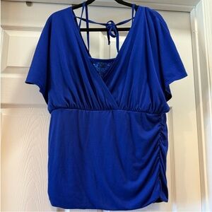 Maurices Blue Ruched Asymmetrical Short Sleeve Top